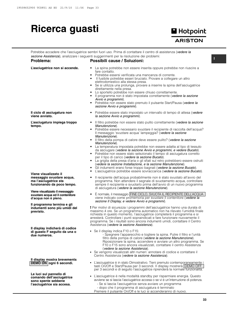 Ricerca guasti | Hotpoint Ariston TCD 851 AX User Manual | Page 33 / 88
