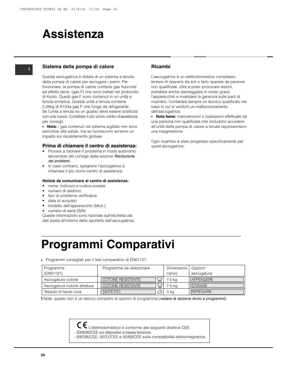 Assistenza, Programmi comparativi | Hotpoint Ariston TCD 851 AX User Manual | Page 34 / 88