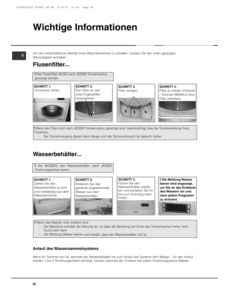 Wichtige informationen, Flusenfilter, Wasserbehälter | Hotpoint Ariston TCD 851 AX User Manual | Page 36 / 88