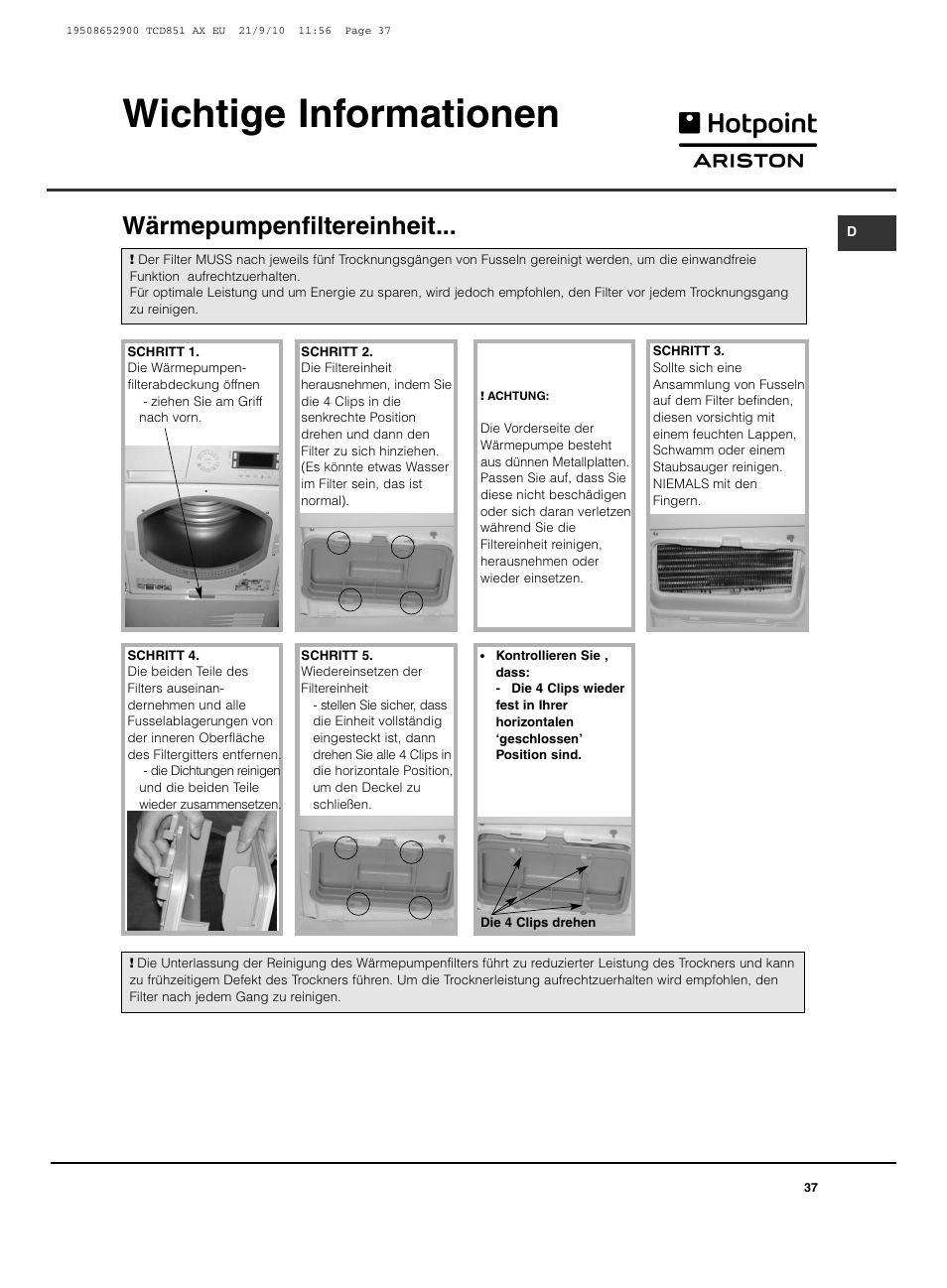 Wichtige informationen, Wärmepumpenfiltereinheit | Hotpoint Ariston TCD 851 AX User Manual | Page 37 / 88