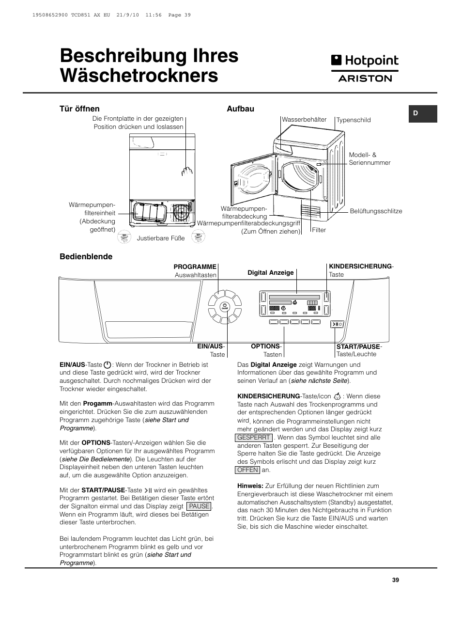 Beschreibung ihres wäschetrockners | Hotpoint Ariston TCD 851 AX User Manual | Page 39 / 88