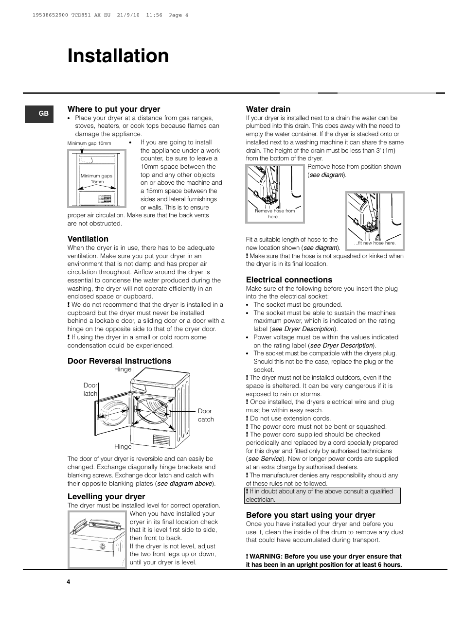 Installation | Hotpoint Ariston TCD 851 AX User Manual | Page 4 / 88