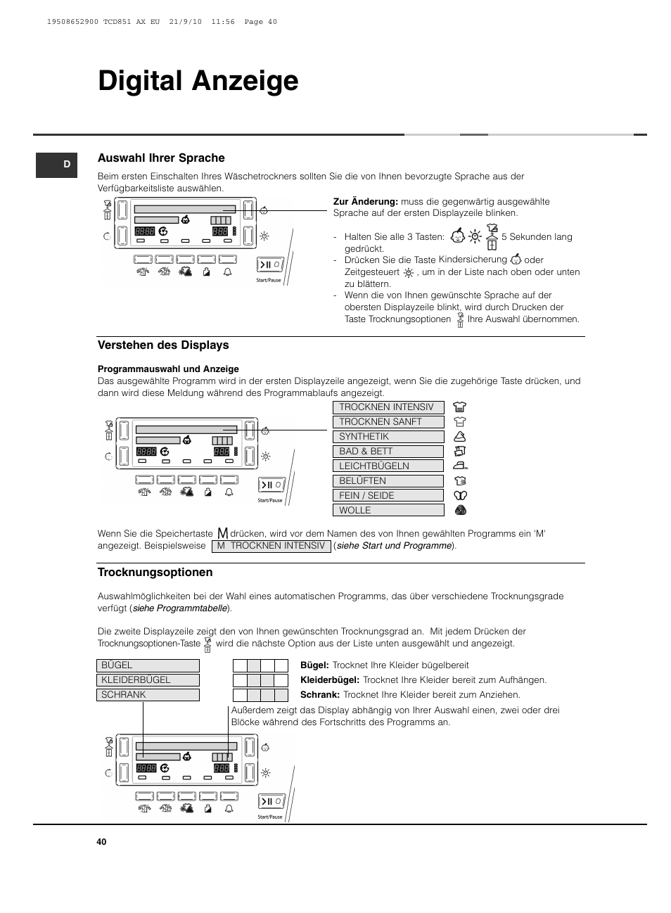 Digital anzeige | Hotpoint Ariston TCD 851 AX User Manual | Page 40 / 88