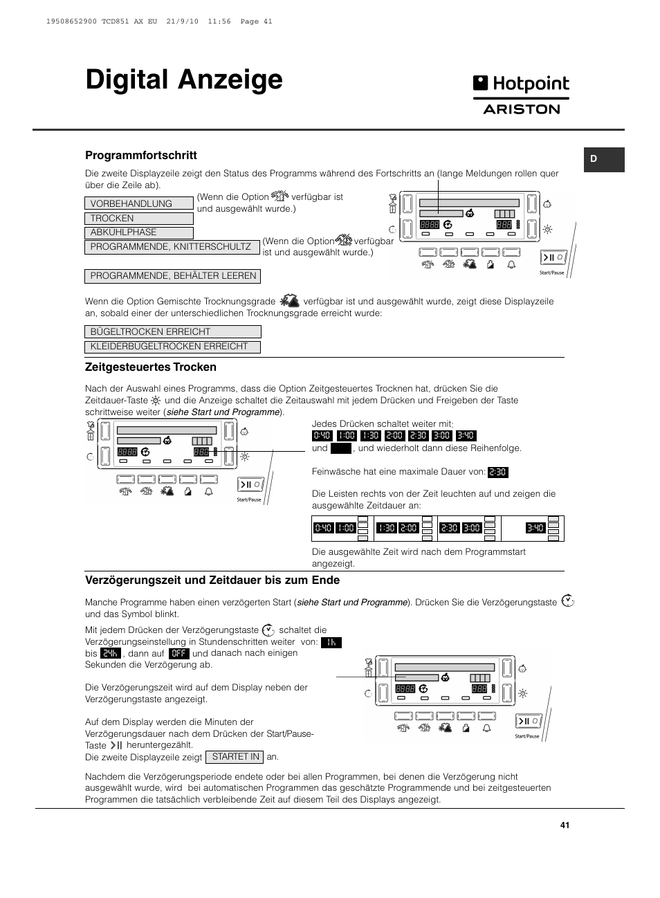 Digital anzeige | Hotpoint Ariston TCD 851 AX User Manual | Page 41 / 88