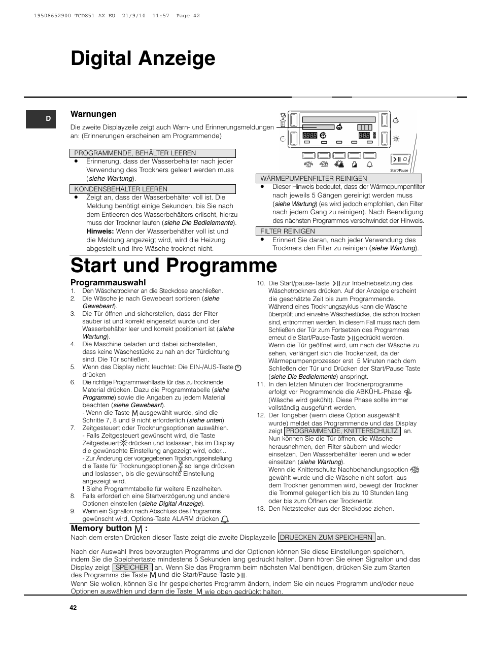 Digital anzeige, Start und programme | Hotpoint Ariston TCD 851 AX User Manual | Page 42 / 88