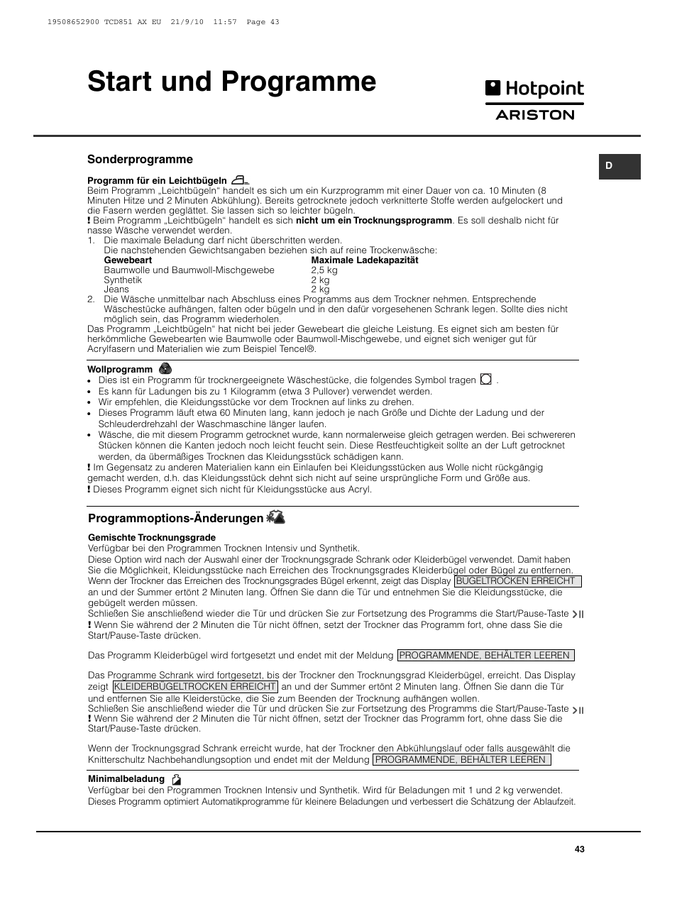 Start und programme | Hotpoint Ariston TCD 851 AX User Manual | Page 43 / 88