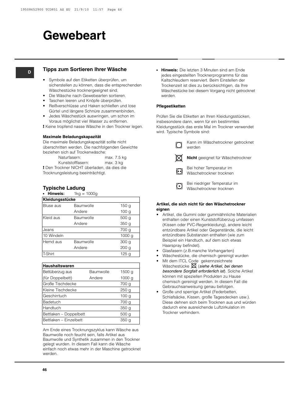 Gewebeart | Hotpoint Ariston TCD 851 AX User Manual | Page 46 / 88