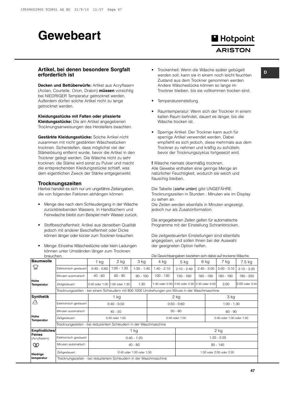 Gewebeart, Trocknungszeiten | Hotpoint Ariston TCD 851 AX User Manual | Page 47 / 88