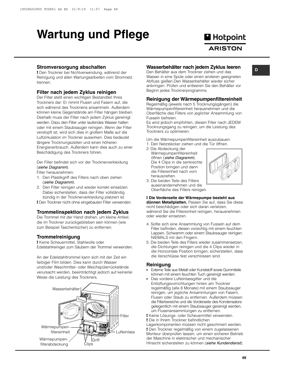 Wartung und pflege | Hotpoint Ariston TCD 851 AX User Manual | Page 49 / 88