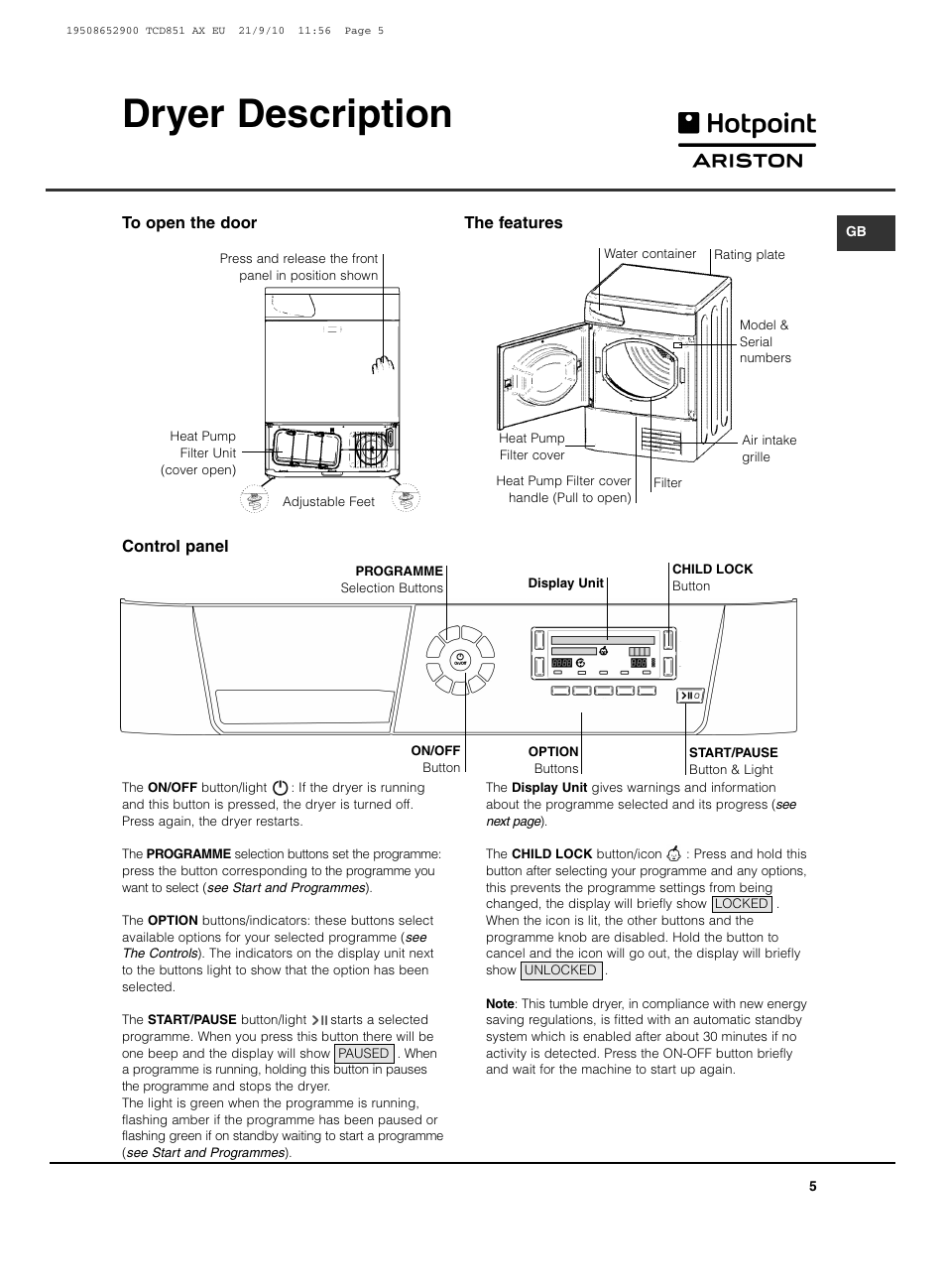 Dryer description | Hotpoint Ariston TCD 851 AX User Manual | Page 5 / 88