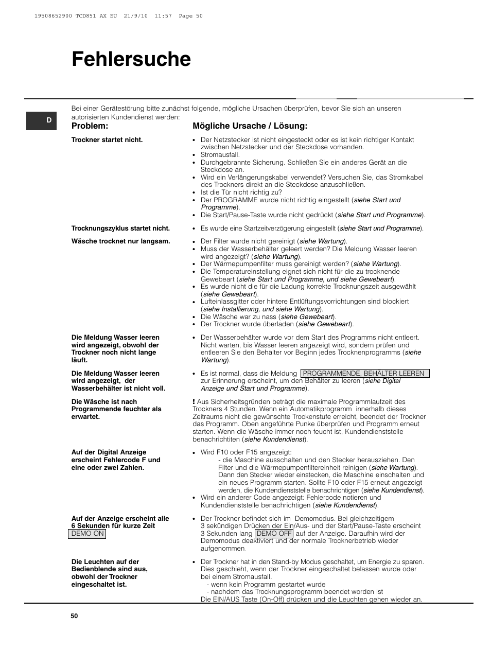 Fehlersuche, Mögliche ursache / lösung, Problem | Hotpoint Ariston TCD 851 AX User Manual | Page 50 / 88