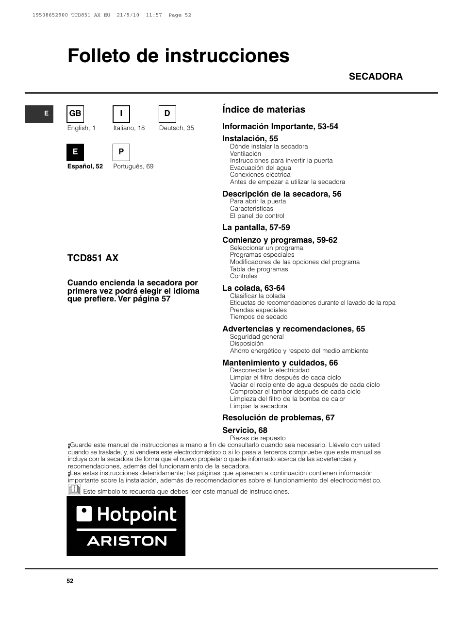 Folleto de instrucciones, Índice de materias secadora tcd851 ax | Hotpoint Ariston TCD 851 AX User Manual | Page 52 / 88