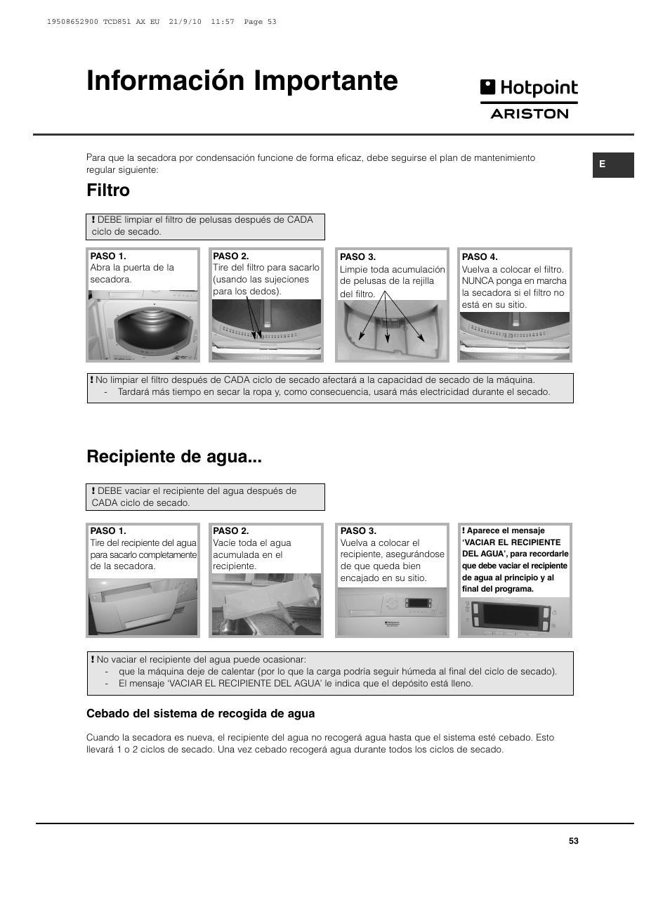 Información importante, Filtro, Recipiente de agua | Hotpoint Ariston TCD 851 AX User Manual | Page 53 / 88