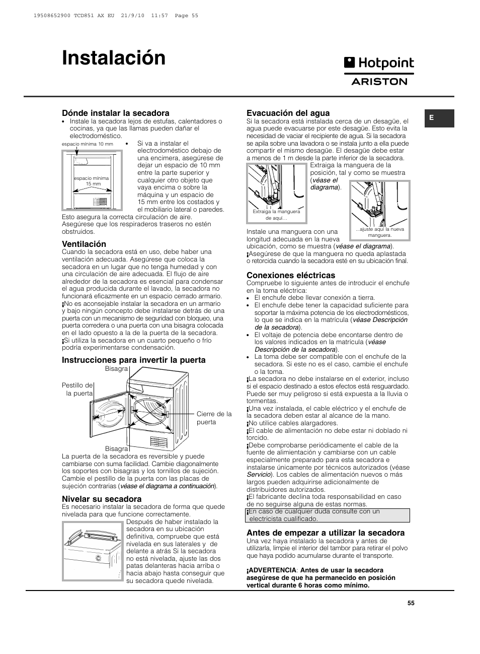 Instalación | Hotpoint Ariston TCD 851 AX User Manual | Page 55 / 88