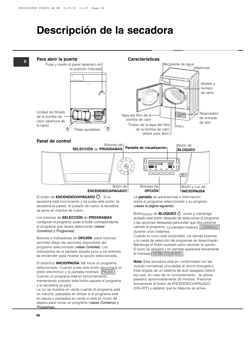 Descripción de la secadora | Hotpoint Ariston TCD 851 AX User Manual | Page 56 / 88