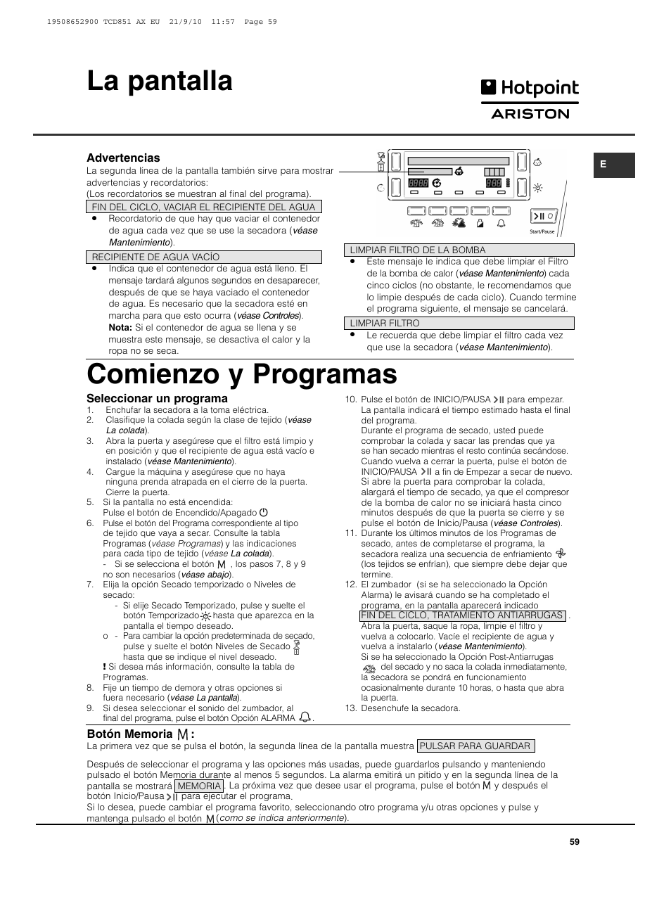 La pantalla, Comienzo y programas | Hotpoint Ariston TCD 851 AX User Manual | Page 59 / 88