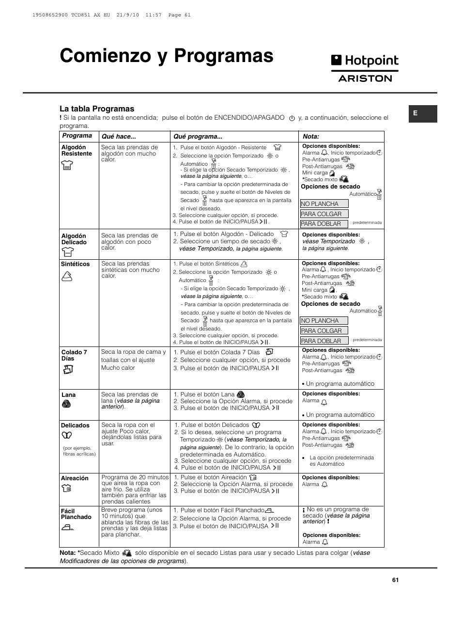 Comienzo y programas, La tabla programas | Hotpoint Ariston TCD 851 AX User Manual | Page 61 / 88