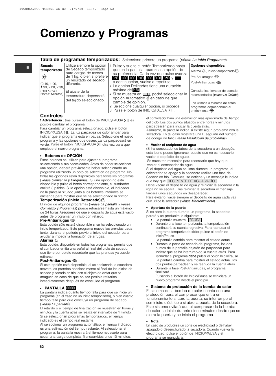 Comienzo y programas, Tabla de programas temporizados, Controles | Hotpoint Ariston TCD 851 AX User Manual | Page 62 / 88