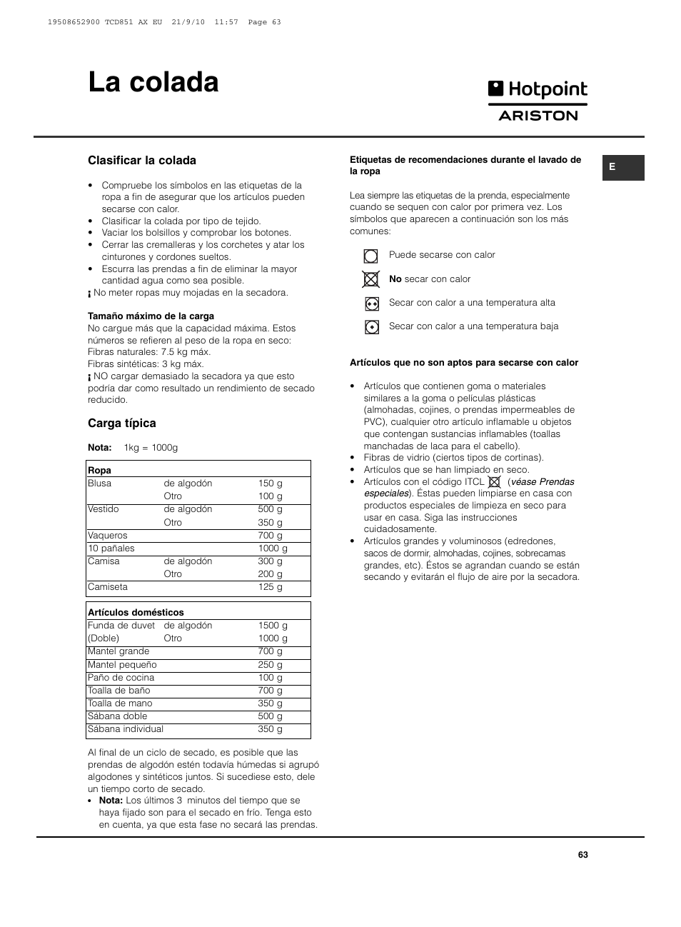 La colada | Hotpoint Ariston TCD 851 AX User Manual | Page 63 / 88