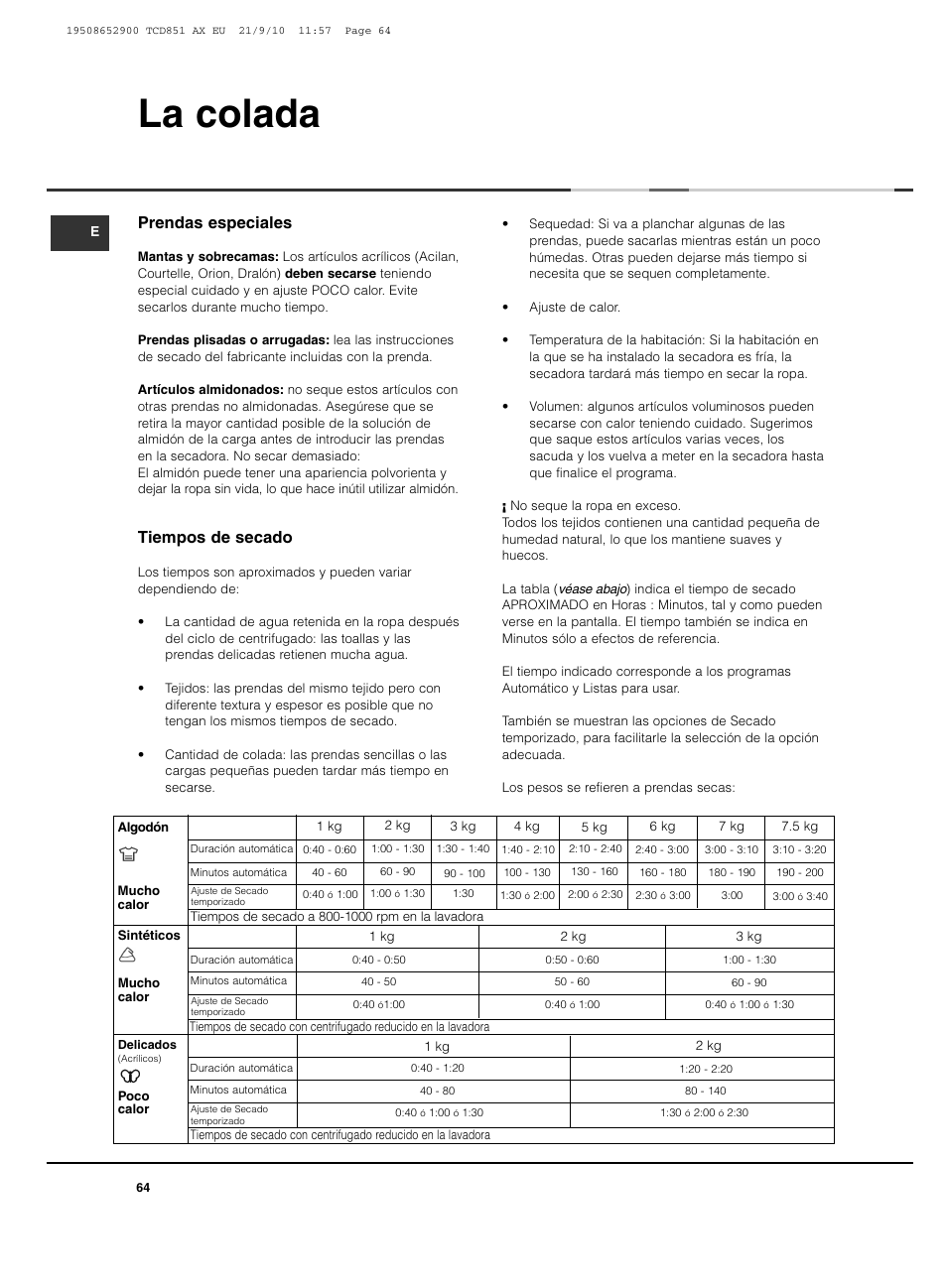 La colada, Prendas especiales, Tiempos de secado | Hotpoint Ariston TCD 851 AX User Manual | Page 64 / 88