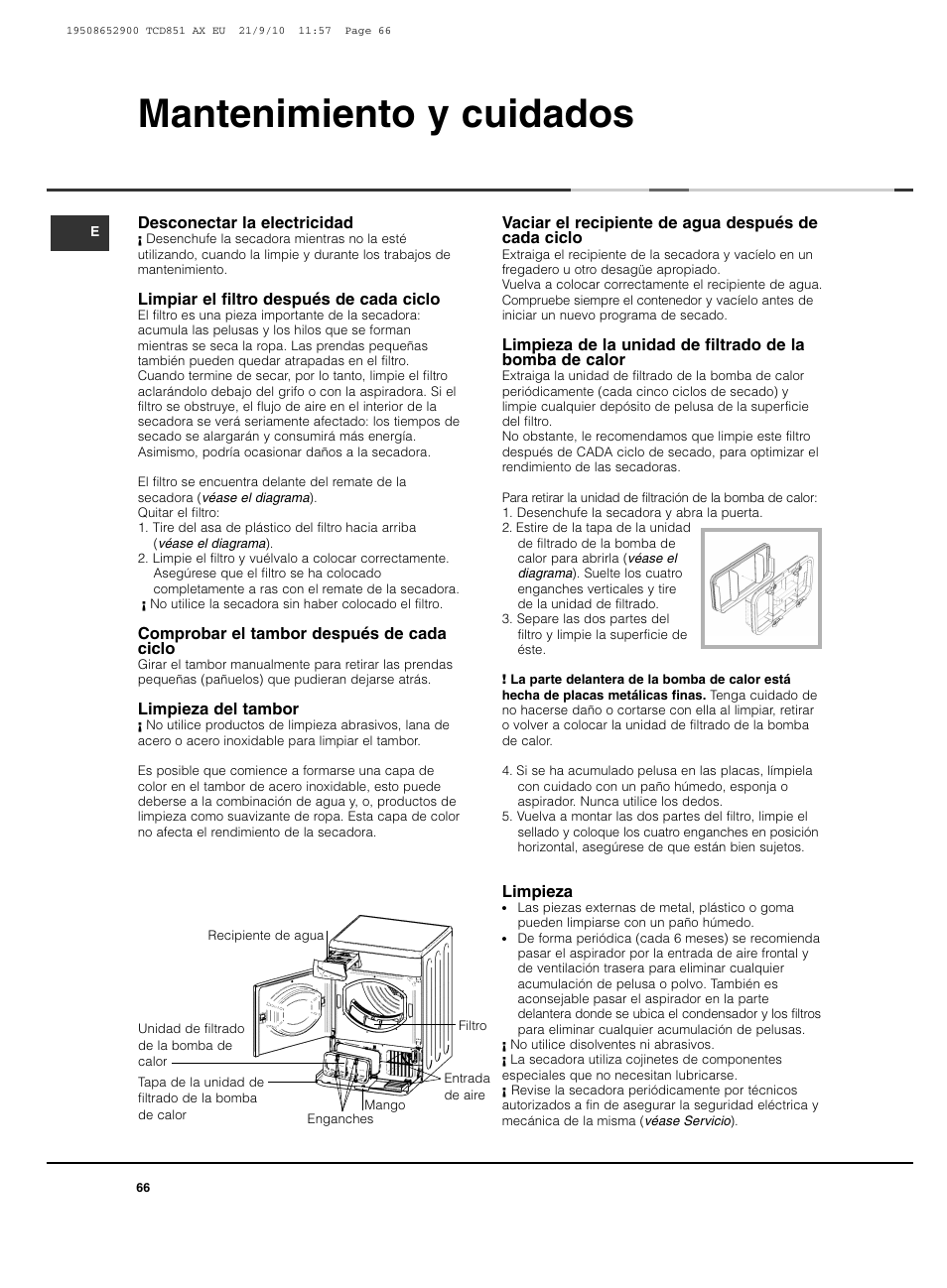 Mantenimiento y cuidados | Hotpoint Ariston TCD 851 AX User Manual | Page 66 / 88