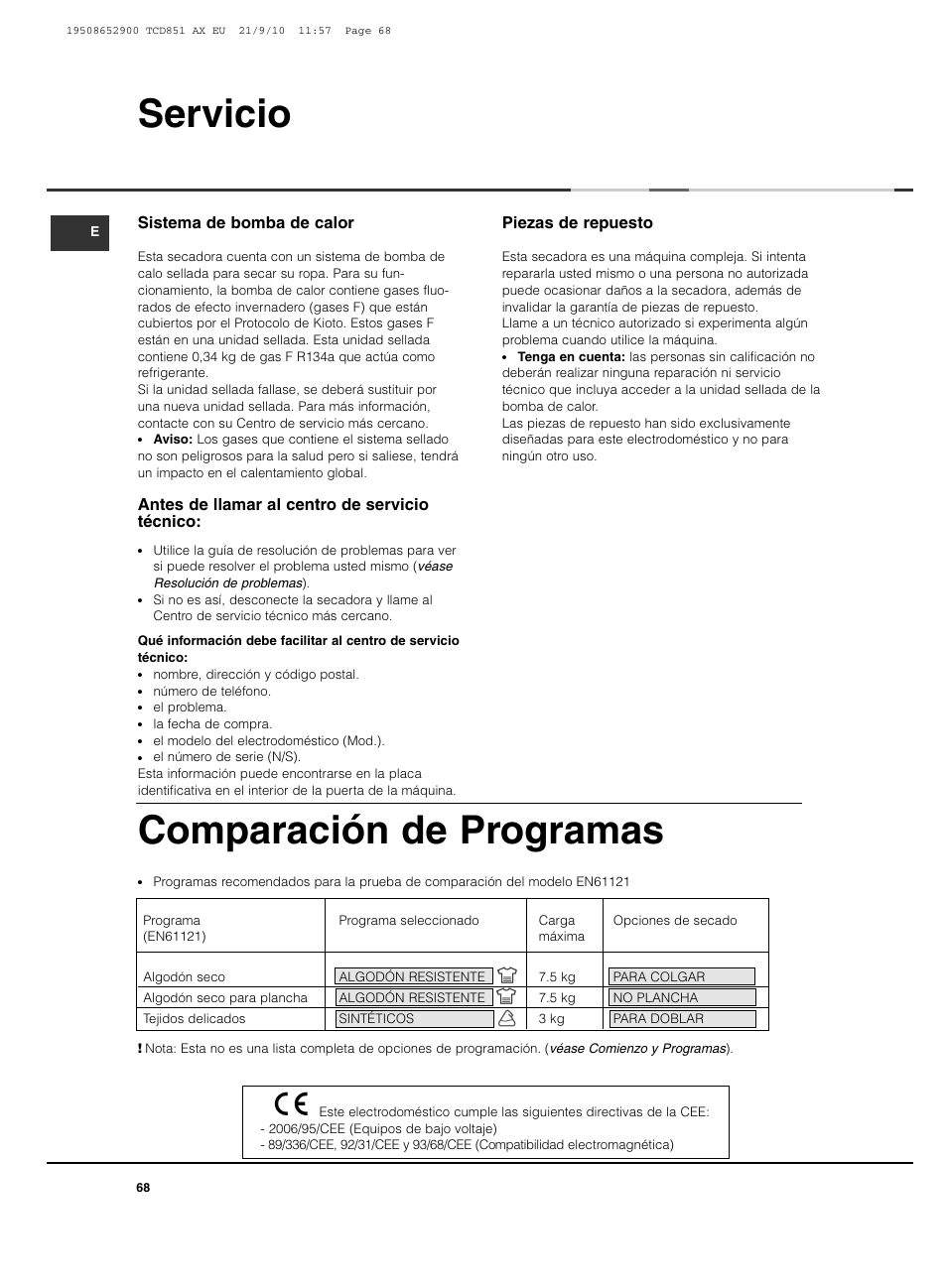 Servicio, Comparación de programas, Piezas de repuesto | Sistema de bomba de calor, Antes de llamar al centro de servicio técnico | Hotpoint Ariston TCD 851 AX User Manual | Page 68 / 88