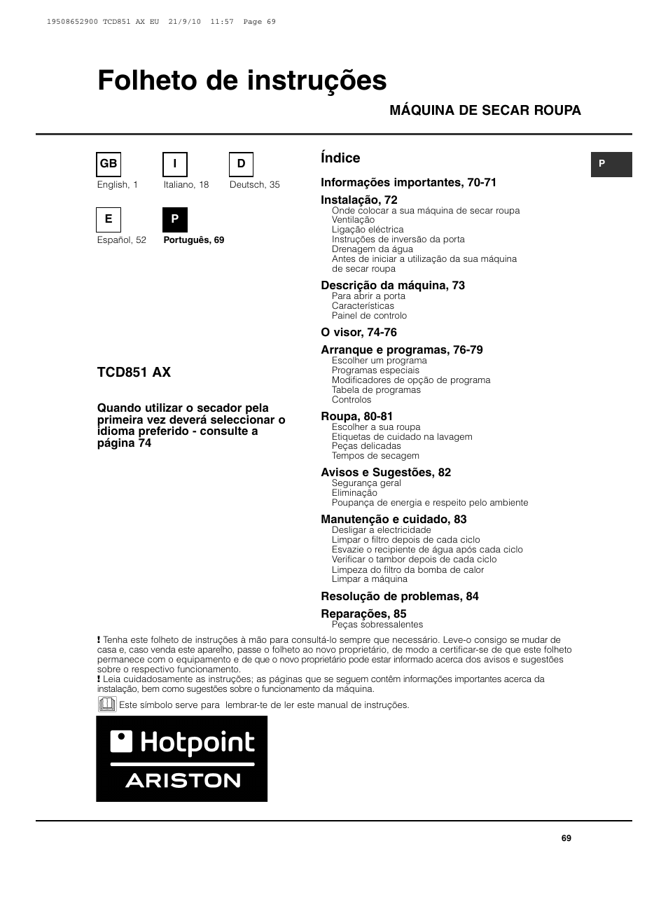 Folheto de instruções, Índice máquina de secar roupa tcd851 ax | Hotpoint Ariston TCD 851 AX User Manual | Page 69 / 88