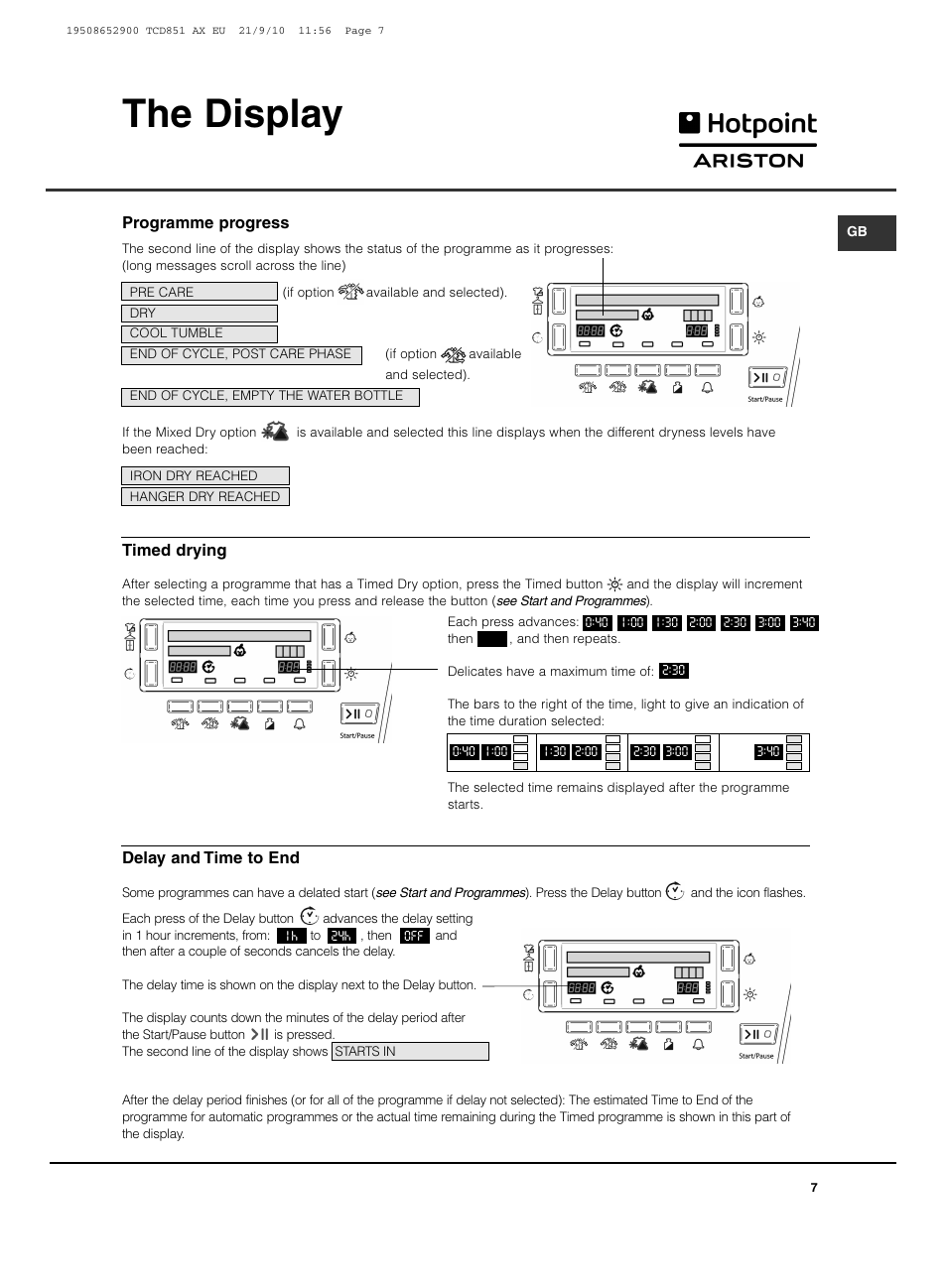 The display | Hotpoint Ariston TCD 851 AX User Manual | Page 7 / 88