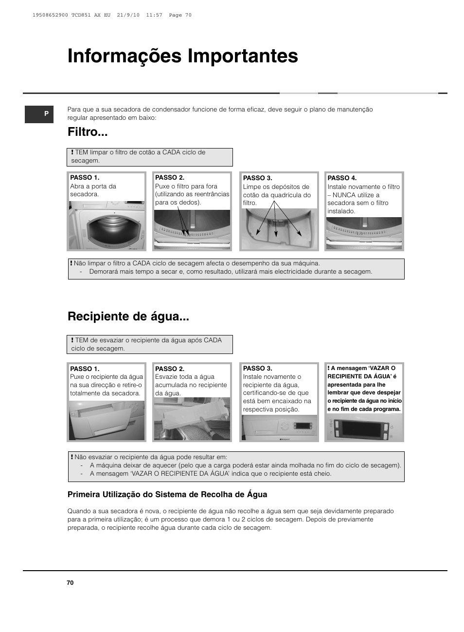 Informações importantes, Filtro, Recipiente de água | Hotpoint Ariston TCD 851 AX User Manual | Page 70 / 88