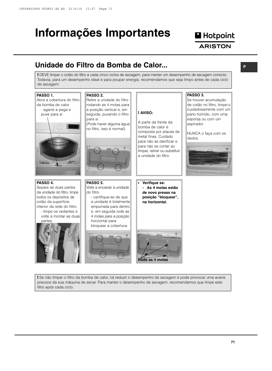 Informações importantes, Unidade do filtro da bomba de calor | Hotpoint Ariston TCD 851 AX User Manual | Page 71 / 88