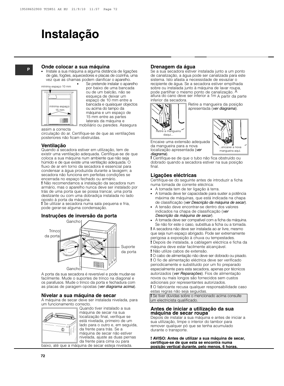 Instalação | Hotpoint Ariston TCD 851 AX User Manual | Page 72 / 88