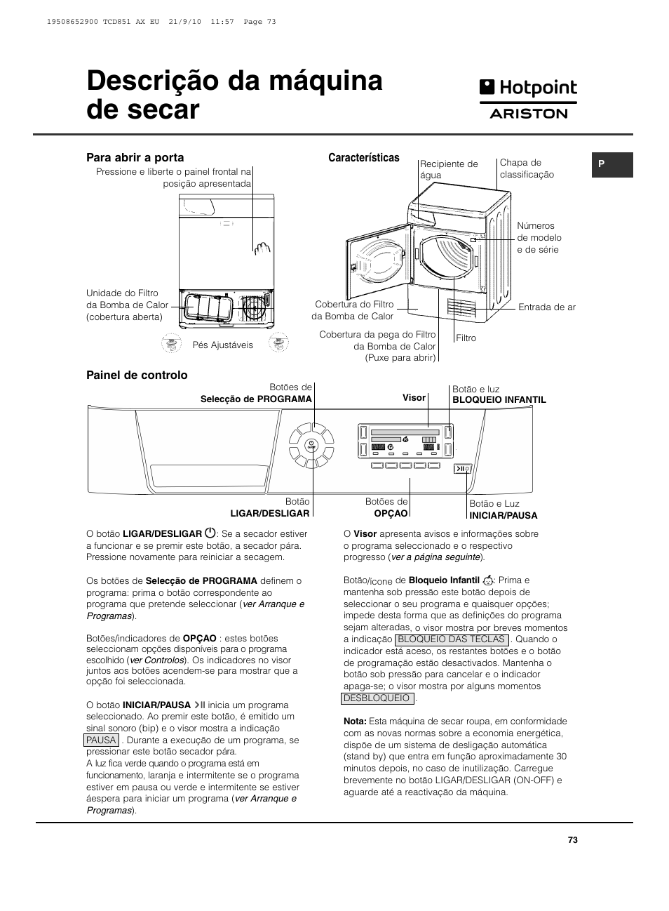 Descrição da máquina de secar | Hotpoint Ariston TCD 851 AX User Manual | Page 73 / 88