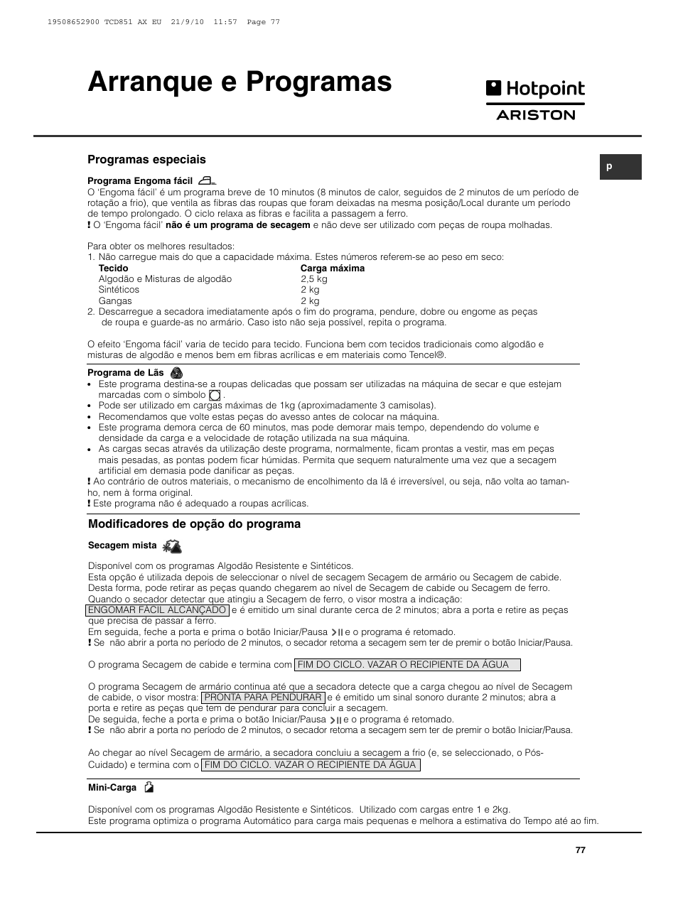 Arranque e programas | Hotpoint Ariston TCD 851 AX User Manual | Page 77 / 88