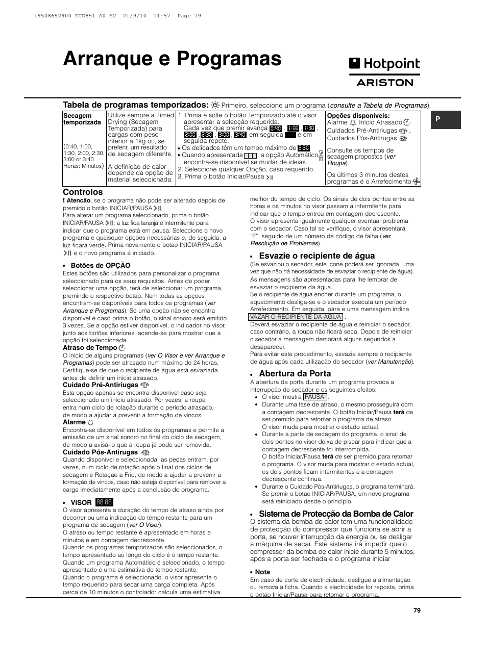 Arranque e programas, Tabela de programas temporizados, Controlos | Esvazie o recipiente de água, Abertura da porta, Sistema de protecção da bomba de calor | Hotpoint Ariston TCD 851 AX User Manual | Page 79 / 88