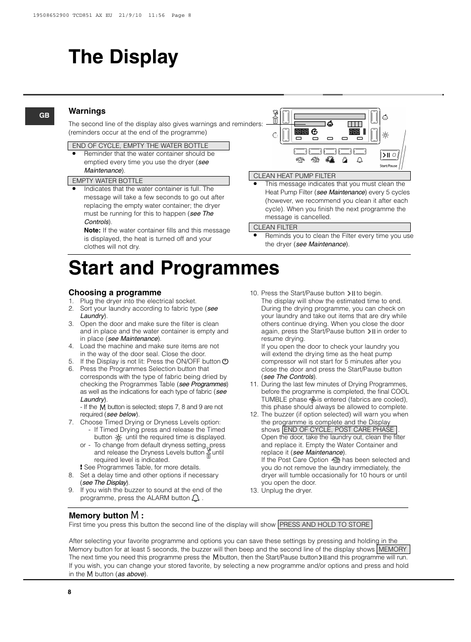 The display start and programmes | Hotpoint Ariston TCD 851 AX User Manual | Page 8 / 88