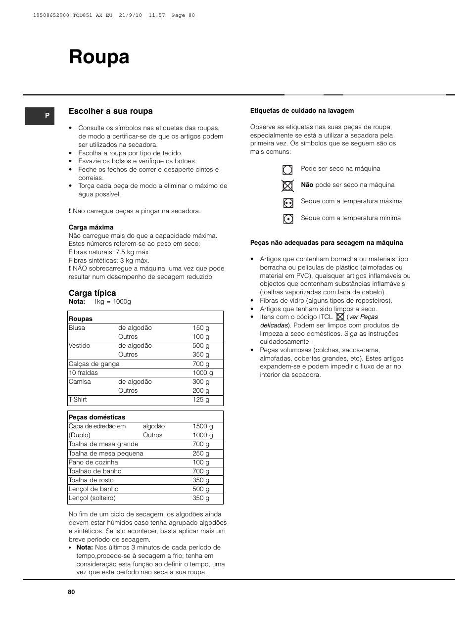 Roupa | Hotpoint Ariston TCD 851 AX User Manual | Page 80 / 88