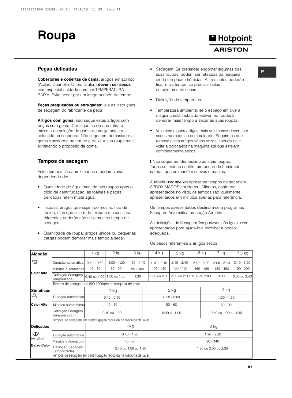 Roupa, Peças delicadas, Tempos de secagem | Hotpoint Ariston TCD 851 AX User Manual | Page 81 / 88