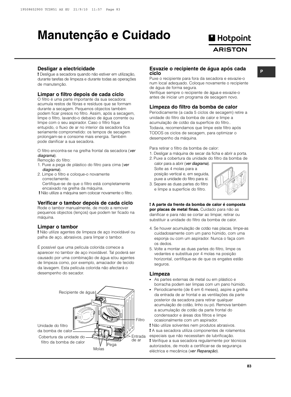 Manutenção e cuidado | Hotpoint Ariston TCD 851 AX User Manual | Page 83 / 88