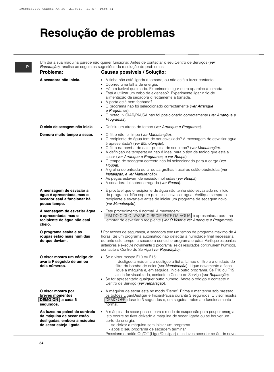 Resolução de problemas, Causas possíveis / solução, Problema | Hotpoint Ariston TCD 851 AX User Manual | Page 84 / 88