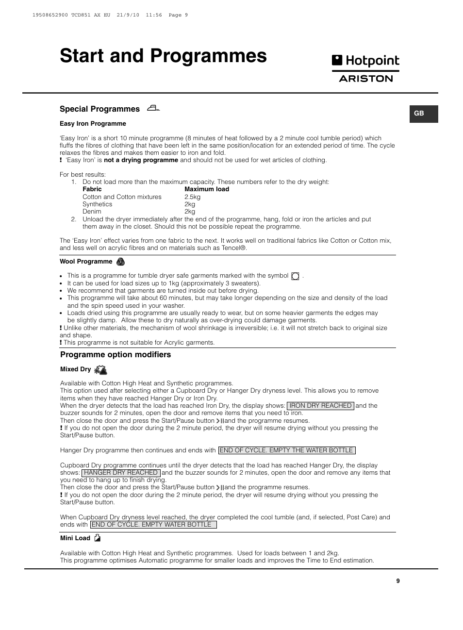 Start and programmes | Hotpoint Ariston TCD 851 AX User Manual | Page 9 / 88