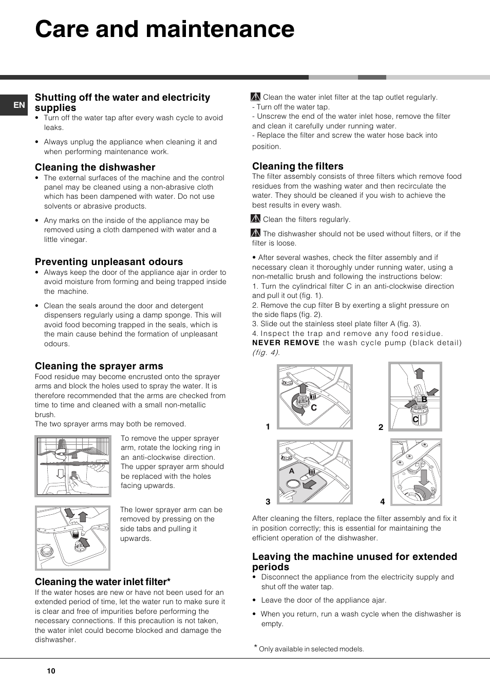 Care and maintenance, Shutting off the water and electricity supplies, Cleaning the dishwasher | Preventing unpleasant odours, Cleaning the sprayer arms, Cleaning the water inlet filter, Cleaning the filters, Leaving the machine unused for extended periods | Hotpoint Ariston LDF 12314E X EU User Manual | Page 10 / 84