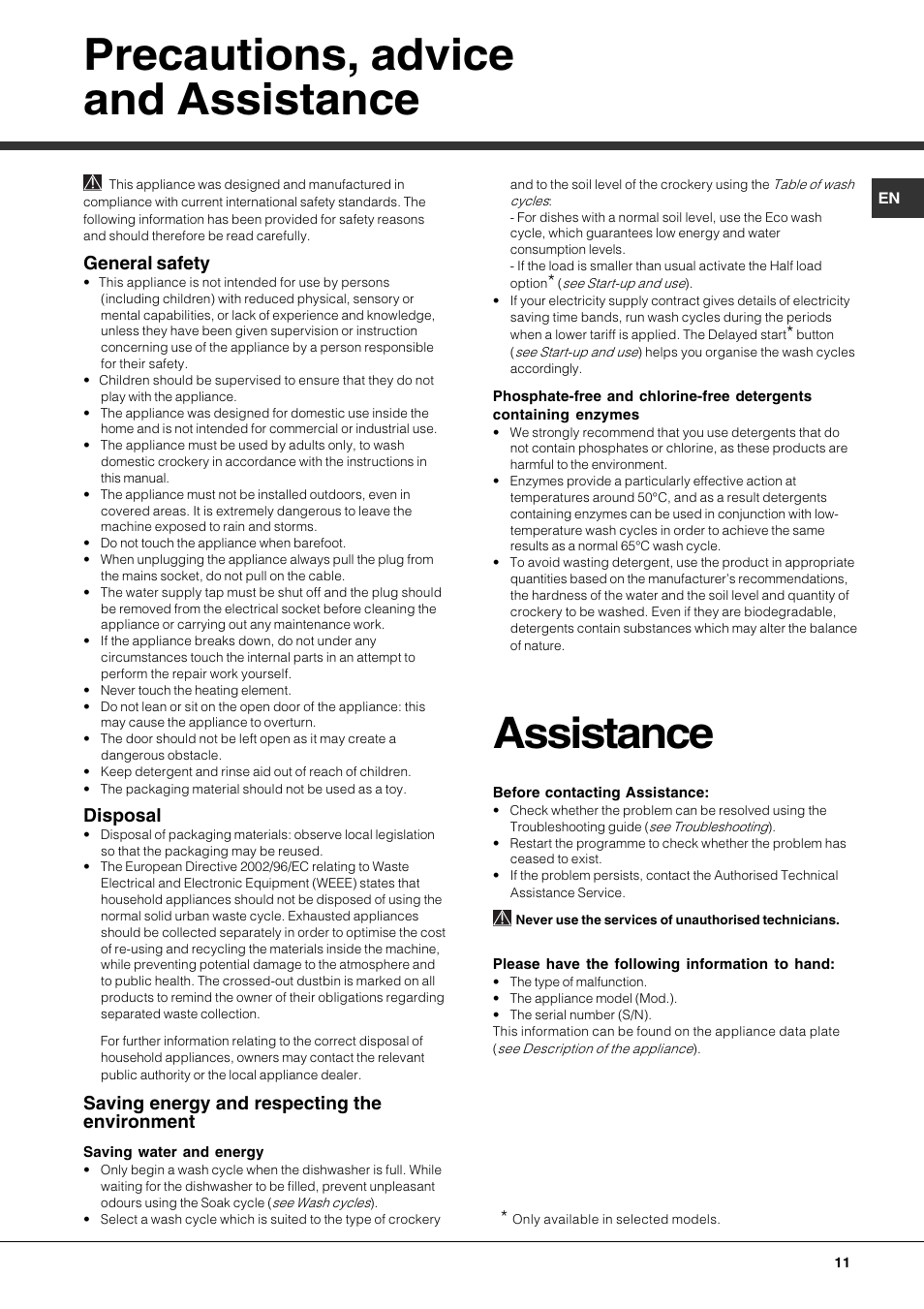 Precautions, advice and assistance, Assistance, General safety | Disposal, Saving energy and respecting the environment | Hotpoint Ariston LDF 12314E X EU User Manual | Page 11 / 84