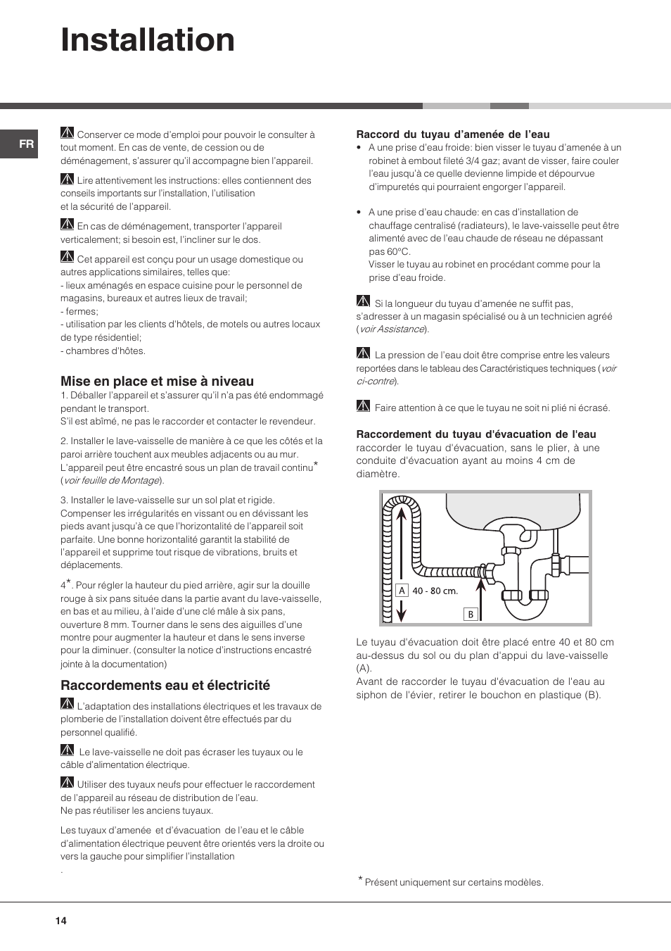 Installation, Mise en place et mise à niveau, Raccordements eau et électricité | Hotpoint Ariston LDF 12314E X EU User Manual | Page 14 / 84