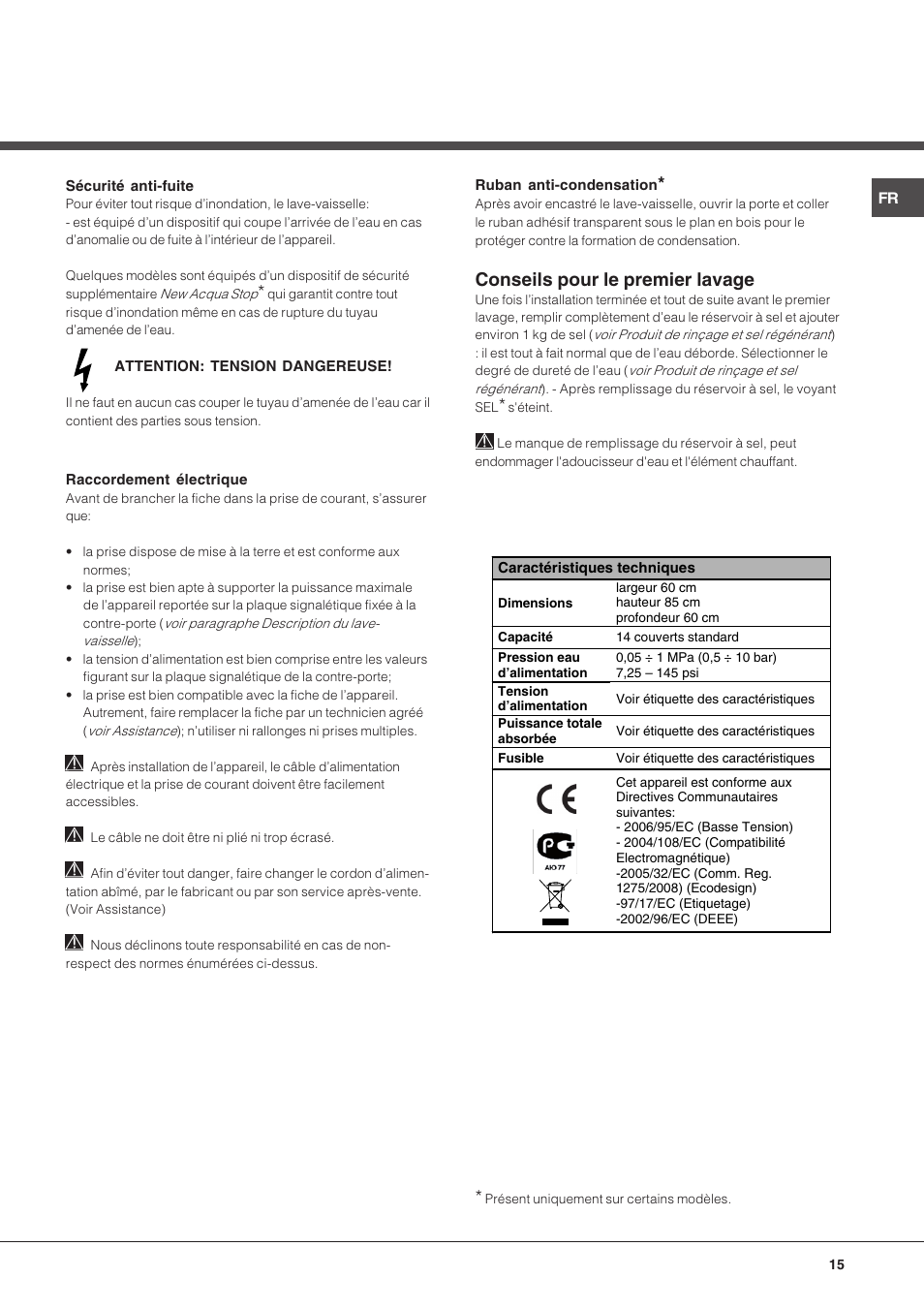 Conseils pour le premier lavage | Hotpoint Ariston LDF 12314E X EU User Manual | Page 15 / 84