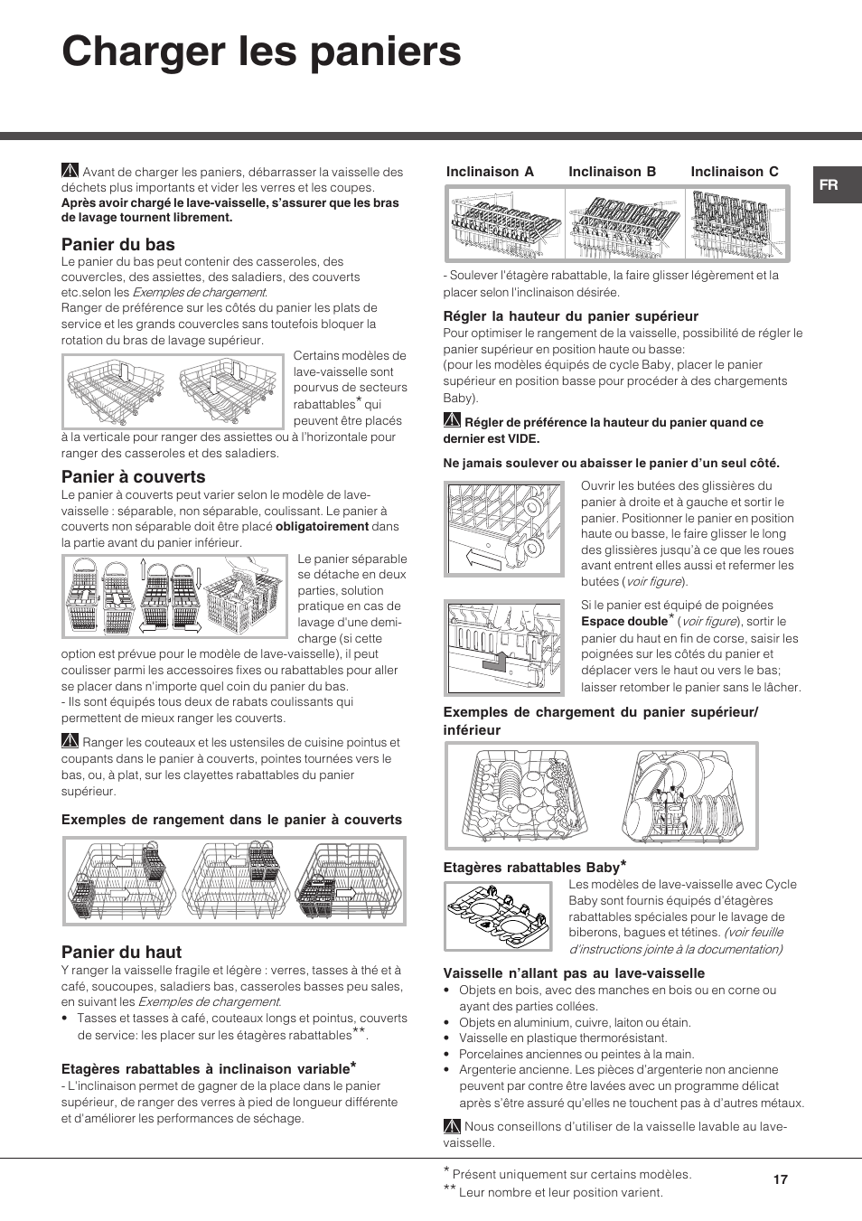 Charger les paniers, Panier du bas, Panier à couverts | Panier du haut | Hotpoint Ariston LDF 12314E X EU User Manual | Page 17 / 84