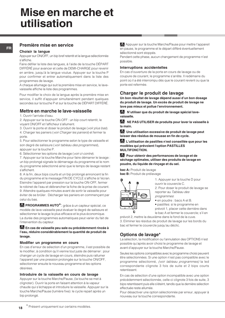 Mise en marche et utilisation, Charger le produit de lavage, Première mise en service | Mettre en marche le lave-vaisselle, Options de lavage | Hotpoint Ariston LDF 12314E X EU User Manual | Page 18 / 84
