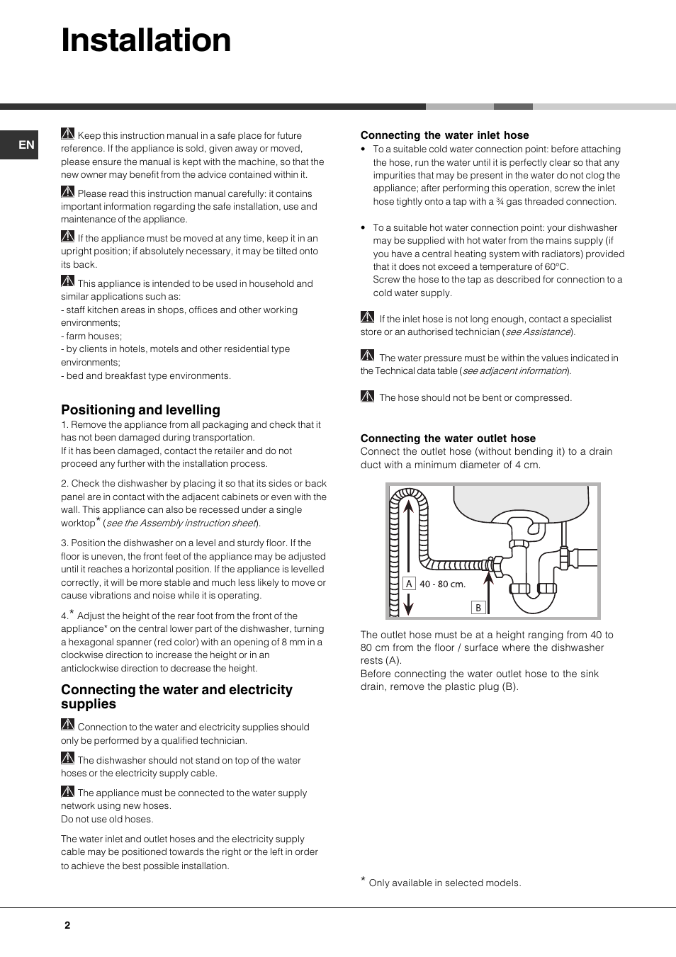 Installation, Positioning and levelling, Connecting the water and electricity supplies | Hotpoint Ariston LDF 12314E X EU User Manual | Page 2 / 84
