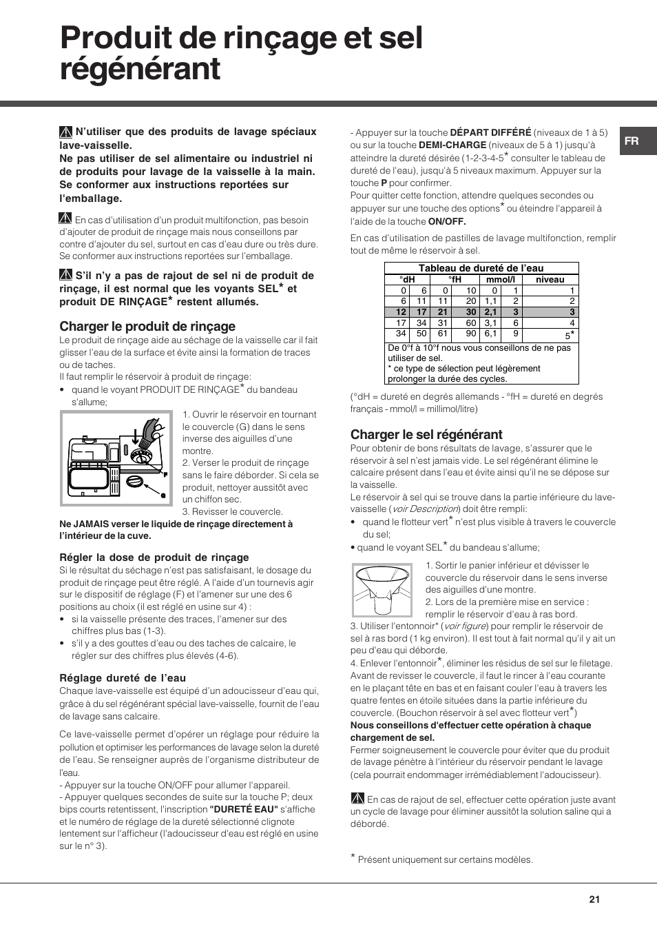 Produit de rinçage et sel régénérant, Charger le produit de rinçage, Charger le sel régénérant | Hotpoint Ariston LDF 12314E X EU User Manual | Page 21 / 84