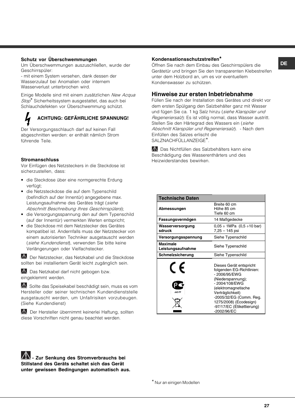 Hinweise zur ersten inbetriebnahme | Hotpoint Ariston LDF 12314E X EU User Manual | Page 27 / 84
