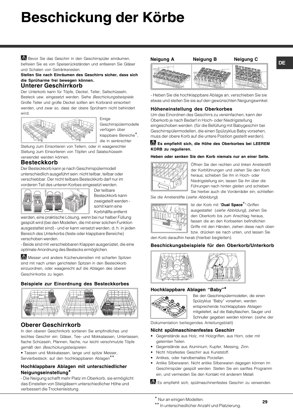 Beschickung der körbe, Unterer geschirrkorb, Besteckkorb | Oberer geschirrkorb | Hotpoint Ariston LDF 12314E X EU User Manual | Page 29 / 84